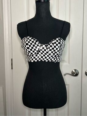 Meraki black & white sequin checkered bustier crop top